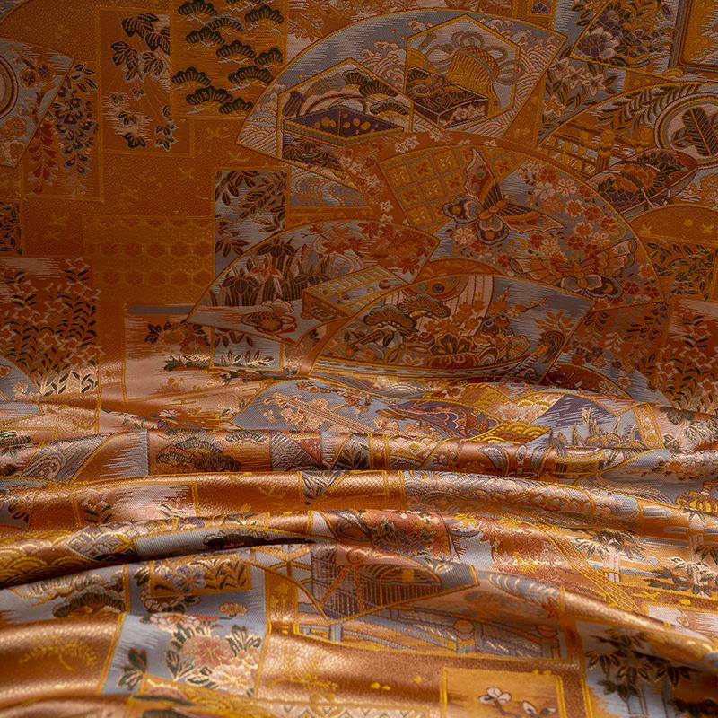 Fan Motif Brocade Jacquard Fabric, Gold Ornamental Woven Textile for Qipao, Jackets, Bags, Crafts and Home Decor