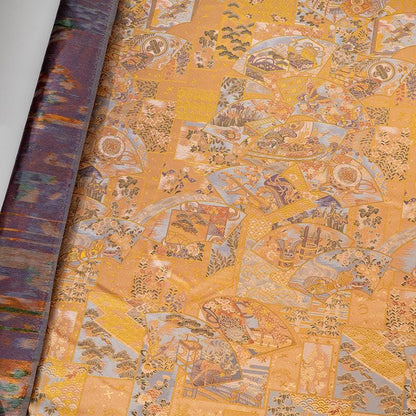 Fan Motif Brocade Jacquard Fabric, Gold Ornamental Woven Textile for Qipao, Jackets, Bags, Crafts and Home Decor
