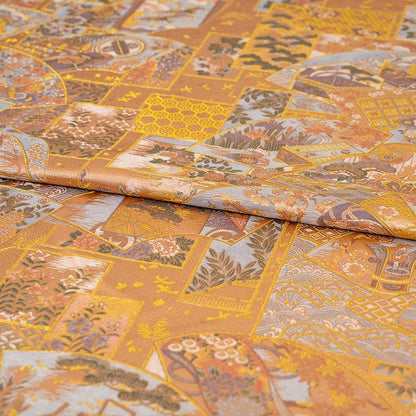 Fan Motif Brocade Jacquard Fabric, Gold Ornamental Woven Textile for Qipao, Jackets, Bags, Crafts and Home Decor