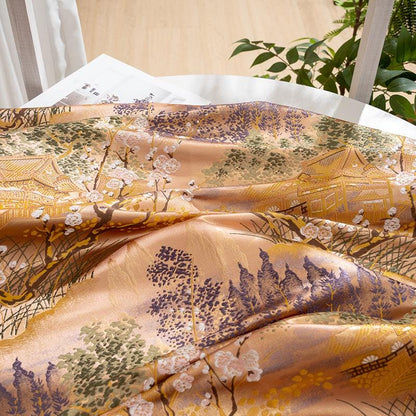 Plum Blossom Pavilion Landscape Brocade Jacquard Fabric, 3D Woven Textile for Qipao, Jackets, Bags, Crafts and Home Decor