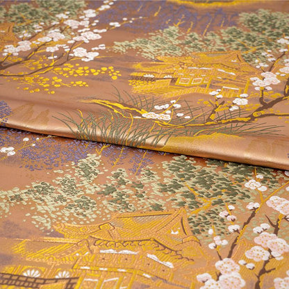 Plum Blossom Pavilion Landscape Brocade Jacquard Fabric, 3D Woven Textile for Qipao, Jackets, Bags, Crafts and Home Decor