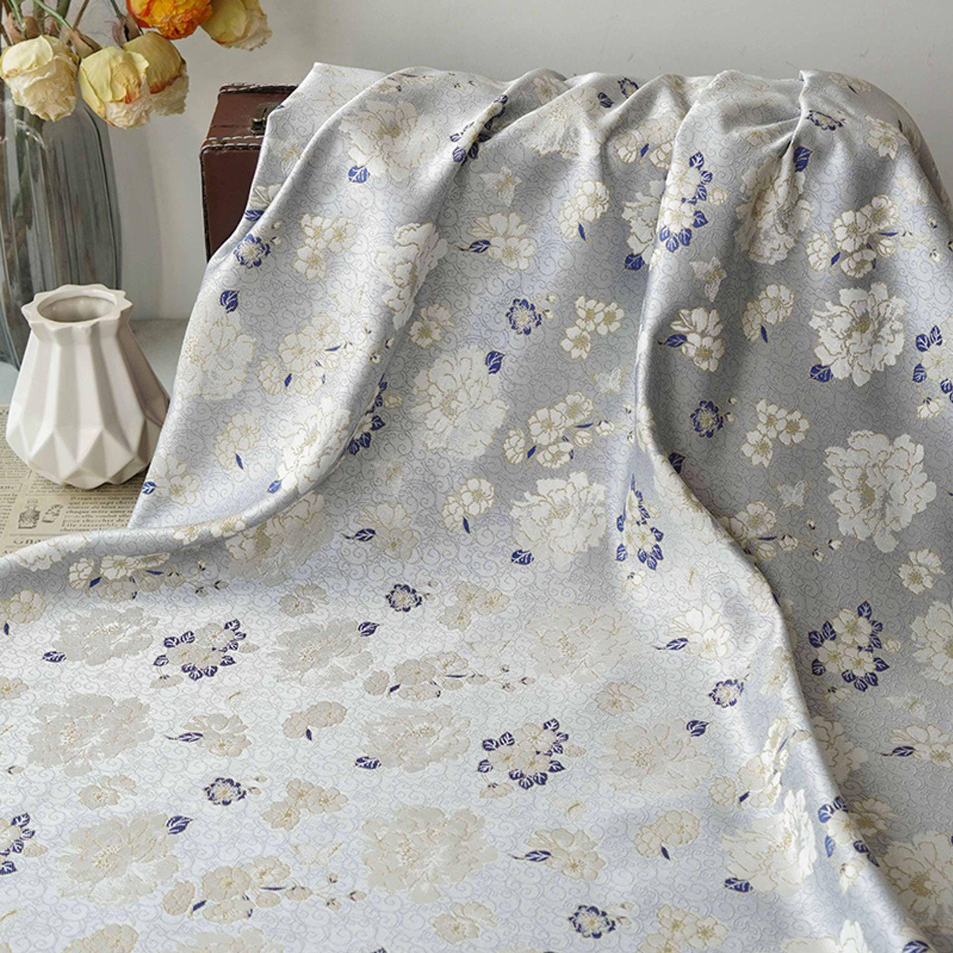 Light Blue Butterfly Camellia Song Brocade Fabric, Yarn-Dyed Floral Jacquard Textile for Qipao, Hanfu, Dresses, Bags and Sewing, 59"Wide