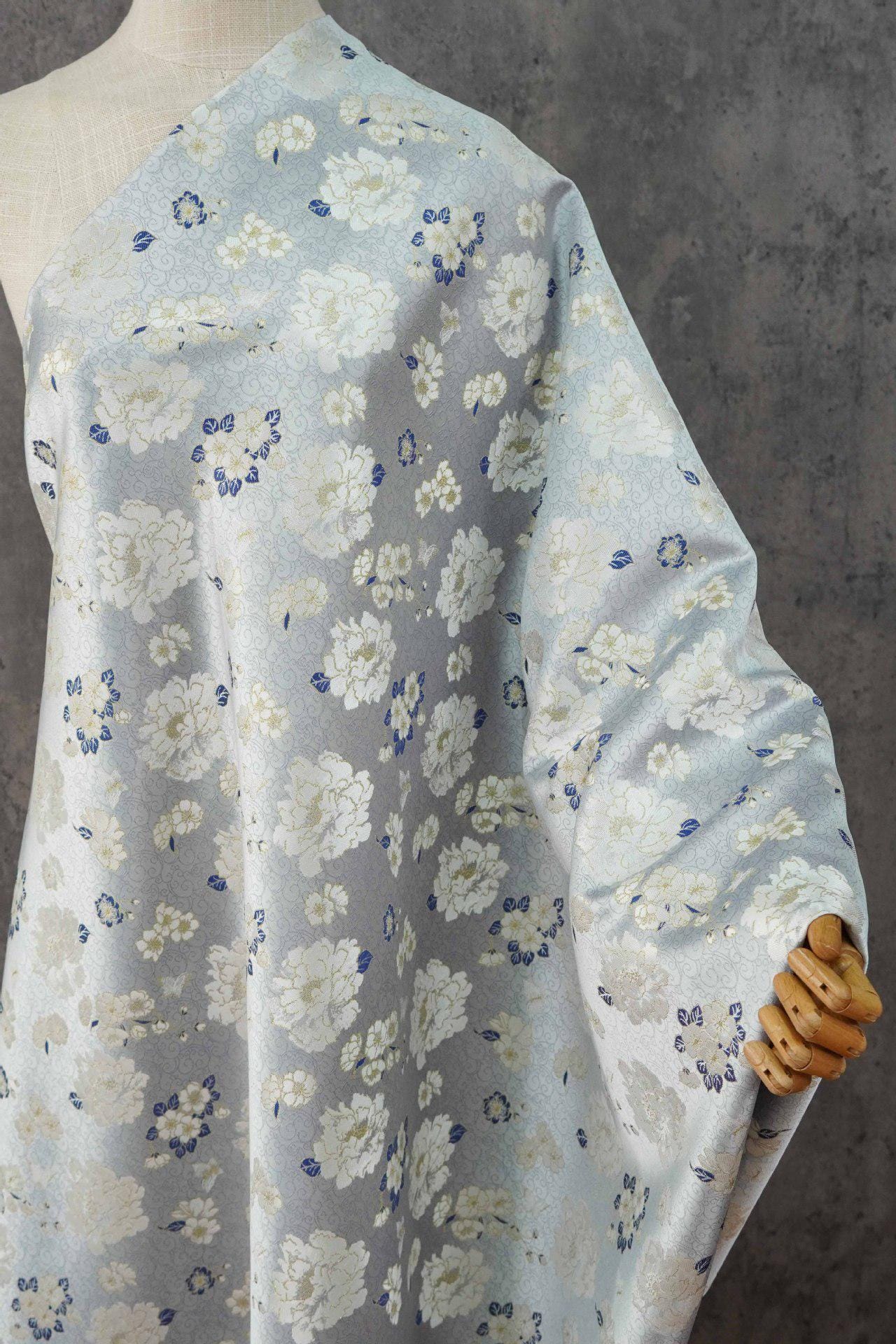 Light Blue Butterfly Camellia Song Brocade Fabric, Yarn-Dyed Floral Jacquard Textile for Qipao, Hanfu, Dresses, Bags and Sewing, 59"Wide