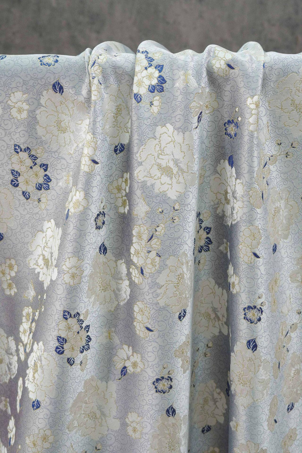 Light Blue Butterfly Camellia Song Brocade Fabric, Yarn-Dyed Floral Jacquard Textile for Qipao, Hanfu, Dresses, Bags and Sewing, 59"Wide