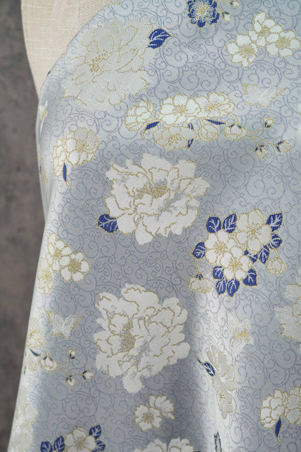 Light Blue Butterfly Camellia Song Brocade Fabric, Yarn-Dyed Floral Jacquard Textile for Qipao, Hanfu, Dresses, Bags and Sewing, 59"Wide