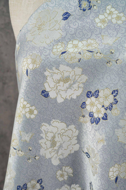 Light Blue Butterfly Camellia Song Brocade Fabric, Yarn-Dyed Floral Jacquard Textile for Qipao, Hanfu, Dresses, Bags and Sewing, 59"Wide