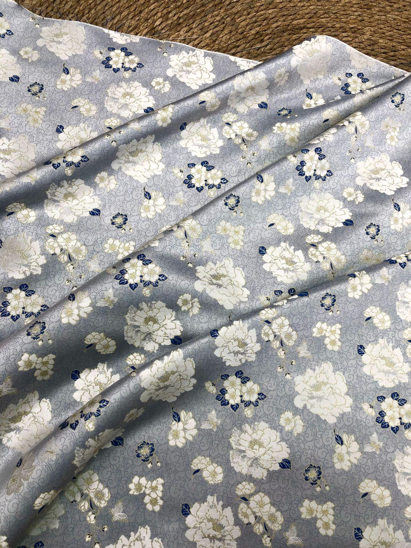 Light Blue Butterfly Camellia Song Brocade Fabric, Yarn-Dyed Floral Jacquard Textile for Qipao, Hanfu, Dresses, Bags and Sewing, 59"Wide