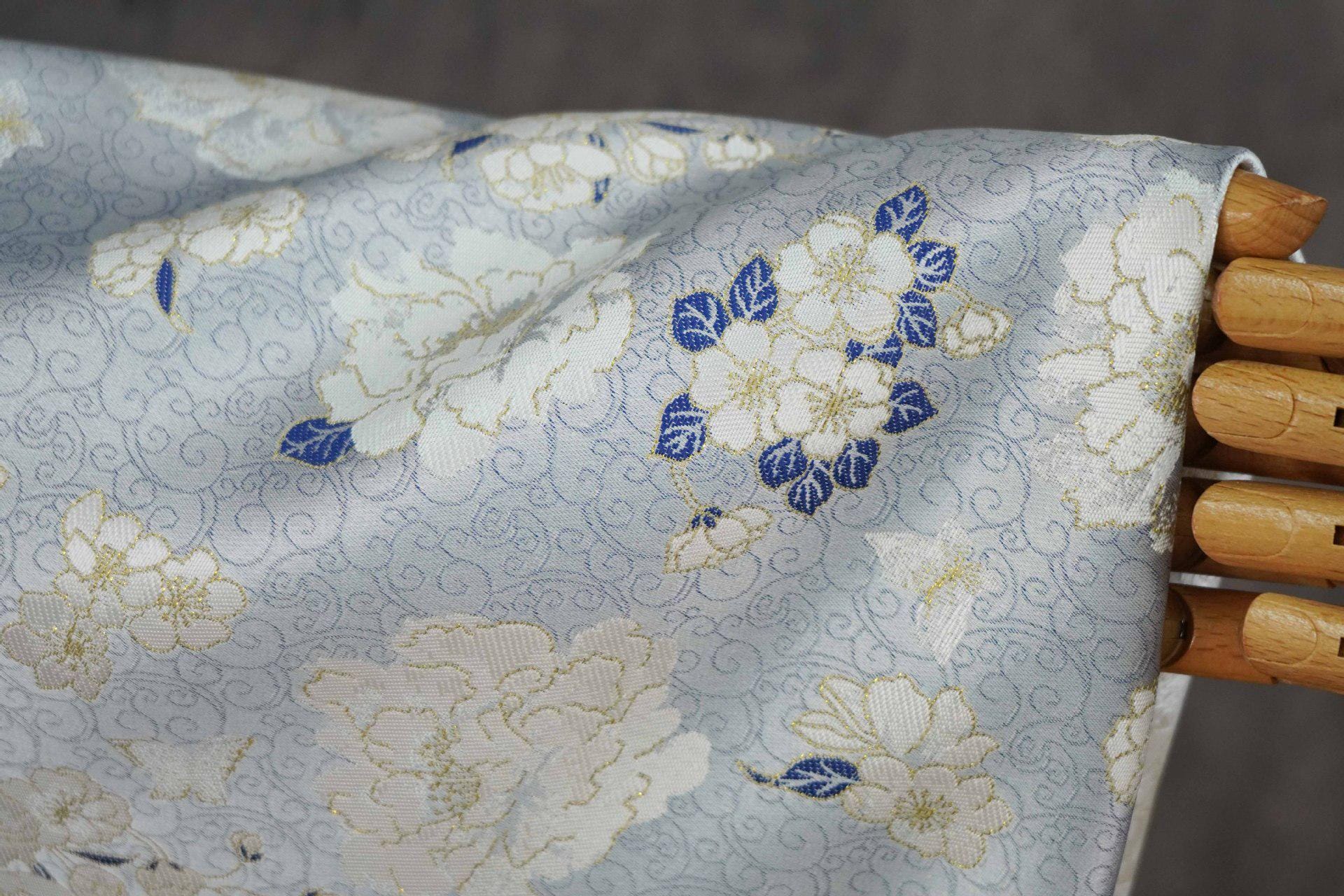 Light Blue Butterfly Camellia Song Brocade Fabric, Yarn-Dyed Floral Jacquard Textile for Qipao, Hanfu, Dresses, Bags and Sewing, 59"Wide