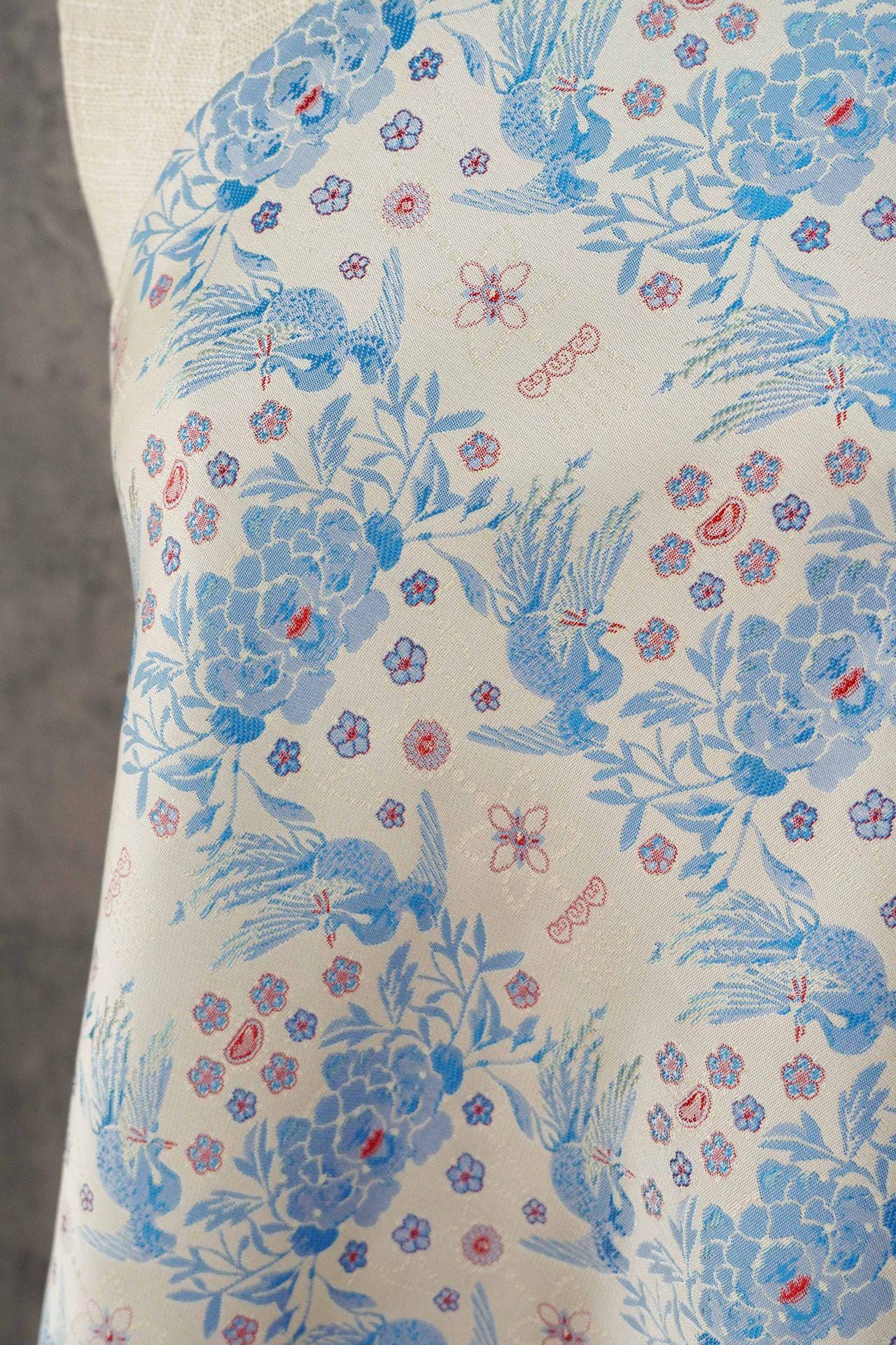 Sparrow Peony Song Brocade Fabric, Yarn-Dyed Floral Bird Jacquard Textile, 2 Colors for Qipao, Hanfu, Dresses and Sewing, 60"Wide