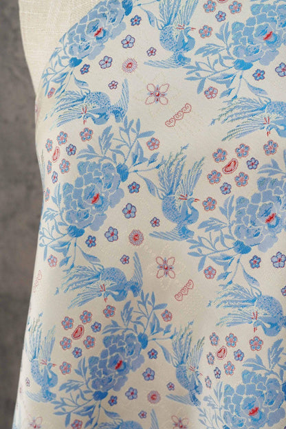 Sparrow Peony Song Brocade Fabric, Yarn-Dyed Floral Bird Jacquard Textile, 2 Colors for Qipao, Hanfu, Dresses and Sewing, 60"Wide