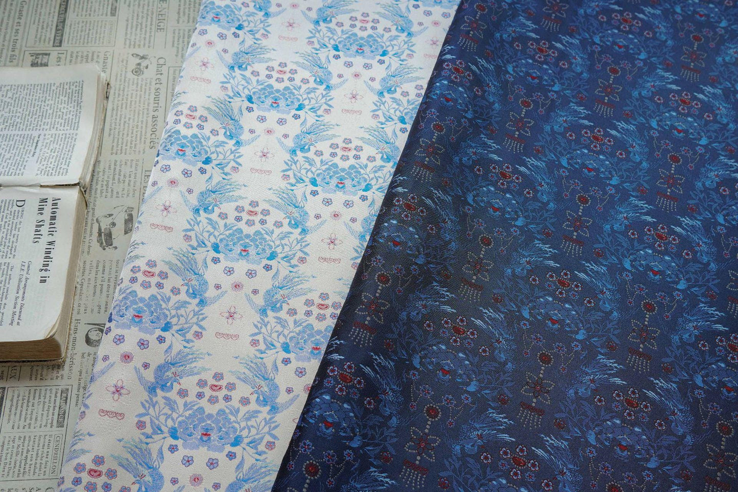 Sparrow Peony Song Brocade Fabric, Yarn-Dyed Floral Bird Jacquard Textile, 2 Colors for Qipao, Hanfu, Dresses and Sewing, 60"Wide