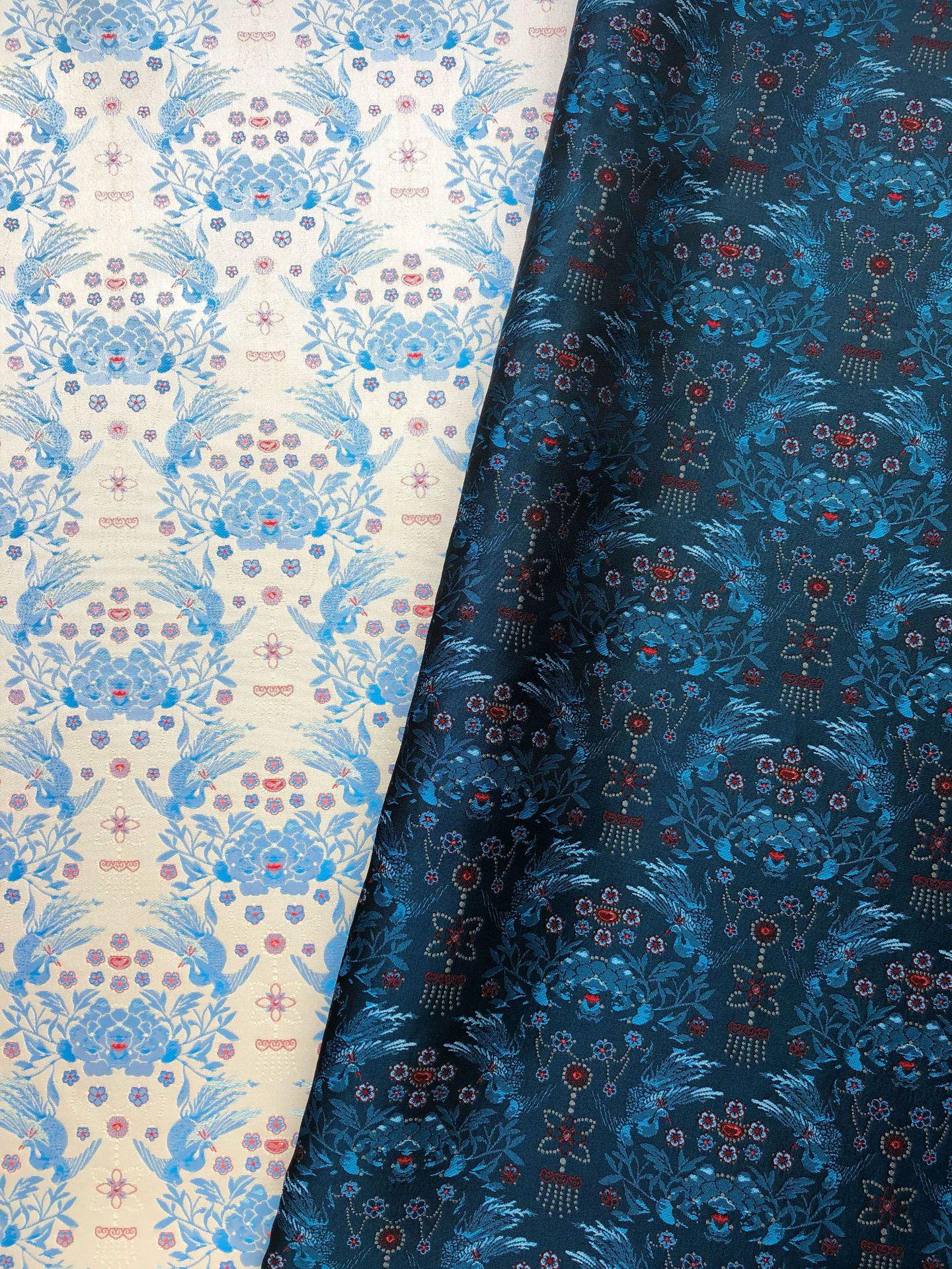 Sparrow Peony Song Brocade Fabric, Yarn-Dyed Floral Bird Jacquard Textile, 2 Colors for Qipao, Hanfu, Dresses and Sewing, 60"Wide