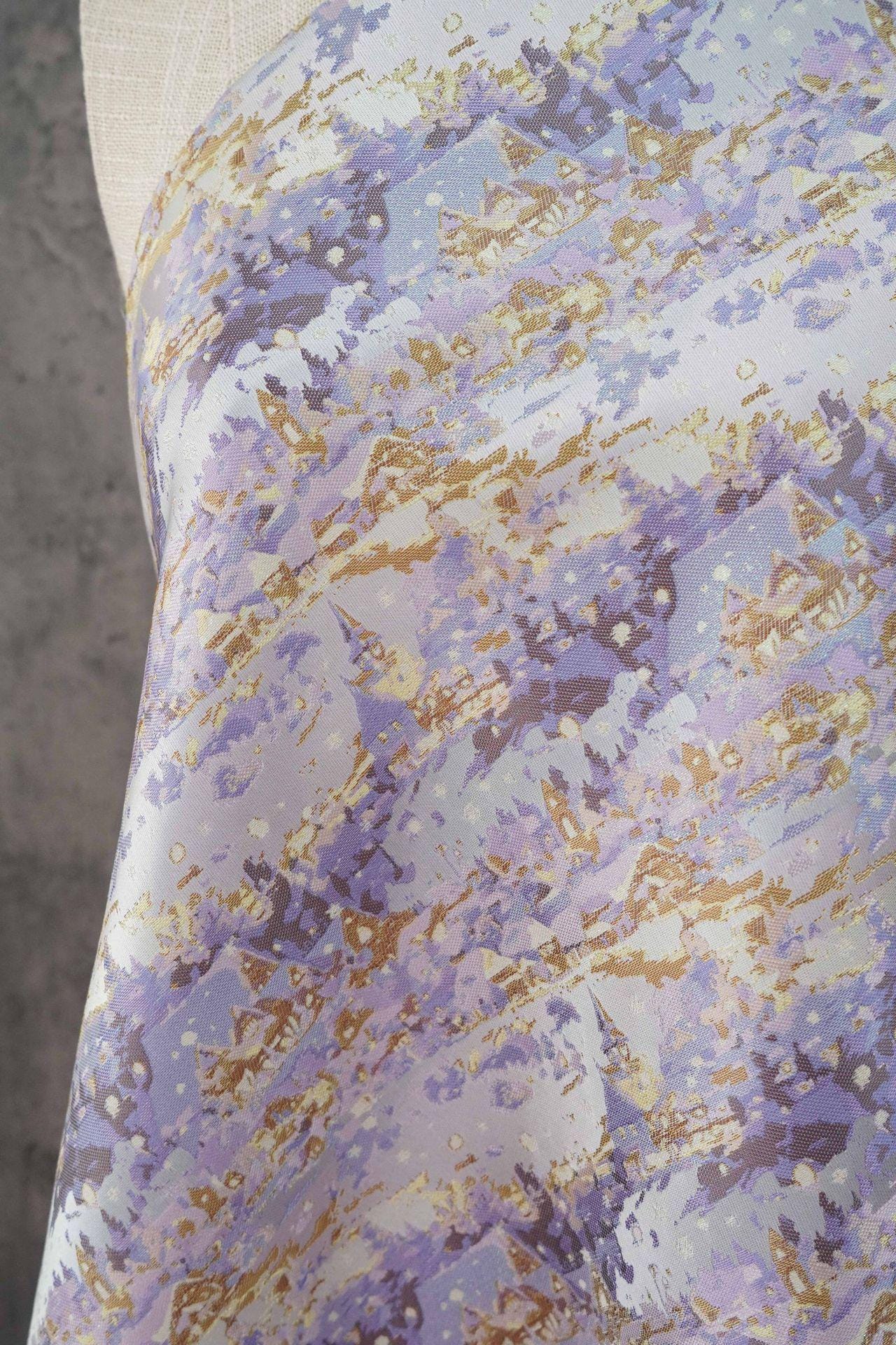 Romantic Gold Metallic Jacquard Brocade Fabric, Lavender Floral Woven Satin Textile for Dress, Qipao, Bridal and Sewing Projects, 59"Wide