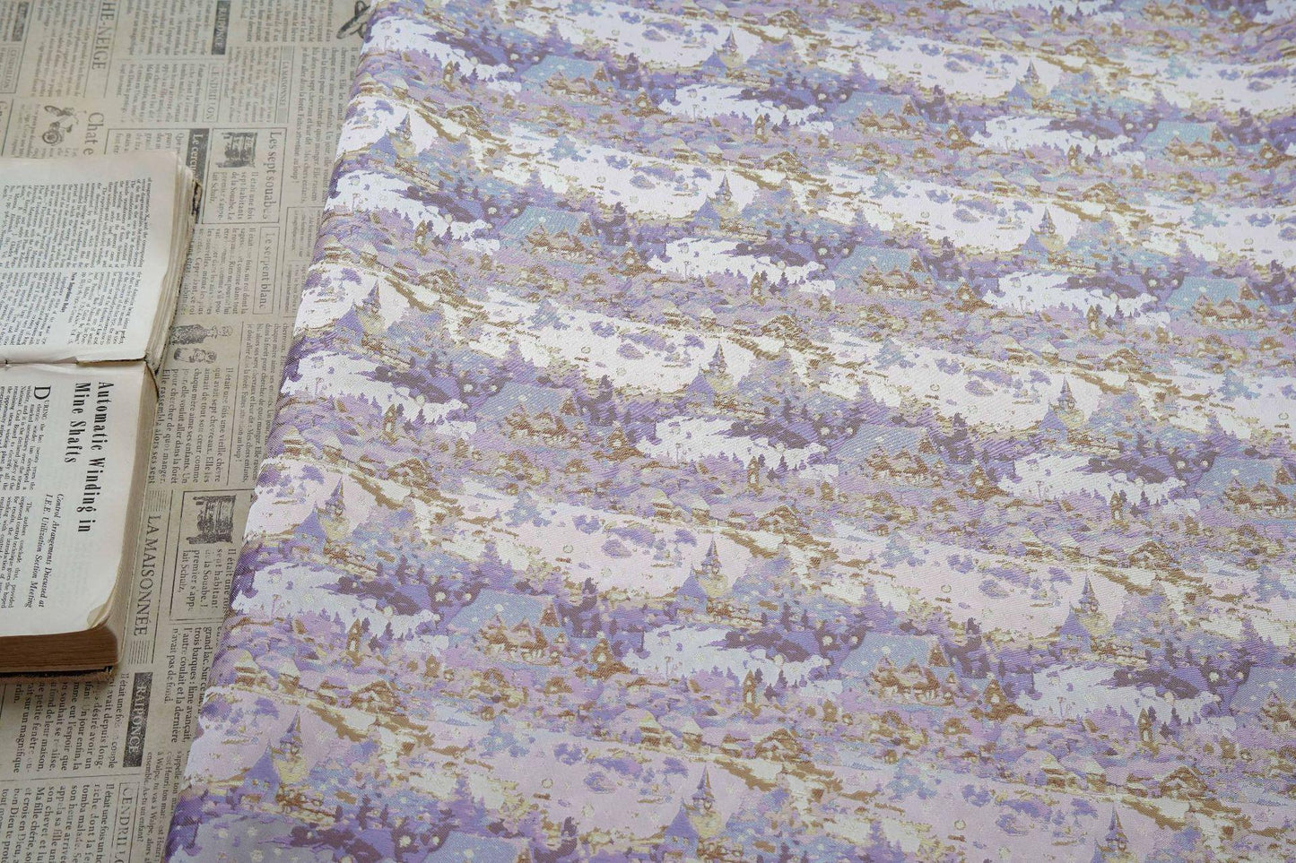 Romantic Gold Metallic Jacquard Brocade Fabric, Lavender Floral Woven Satin Textile for Dress, Qipao, Bridal and Sewing Projects, 59"Wide