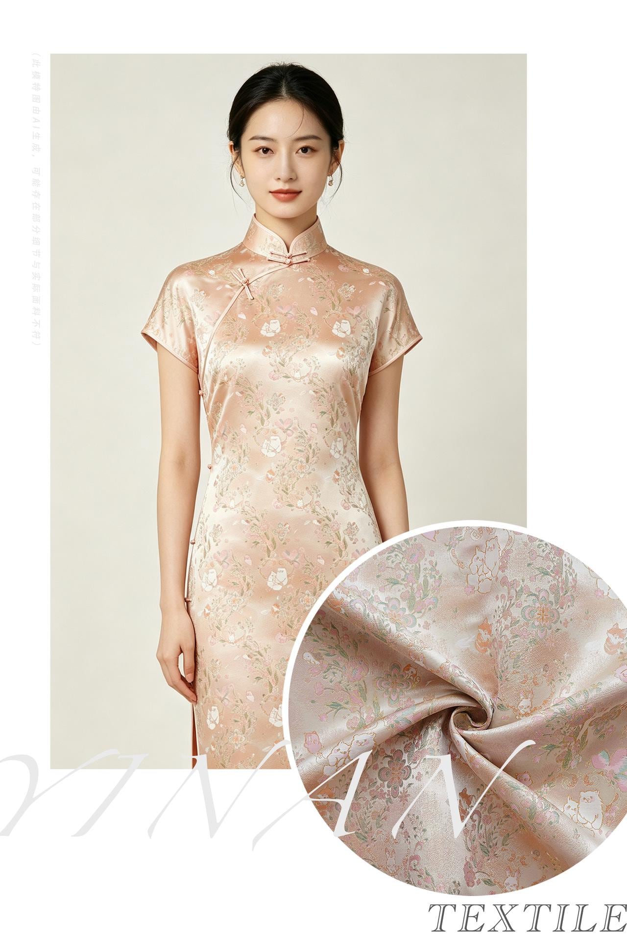 Cute Animal Spring Song Brocade Fabric, Chinese Style Gold Metallic Jacquard Textile, Floral Woven Fabric for Dress, Qipao and Sewing