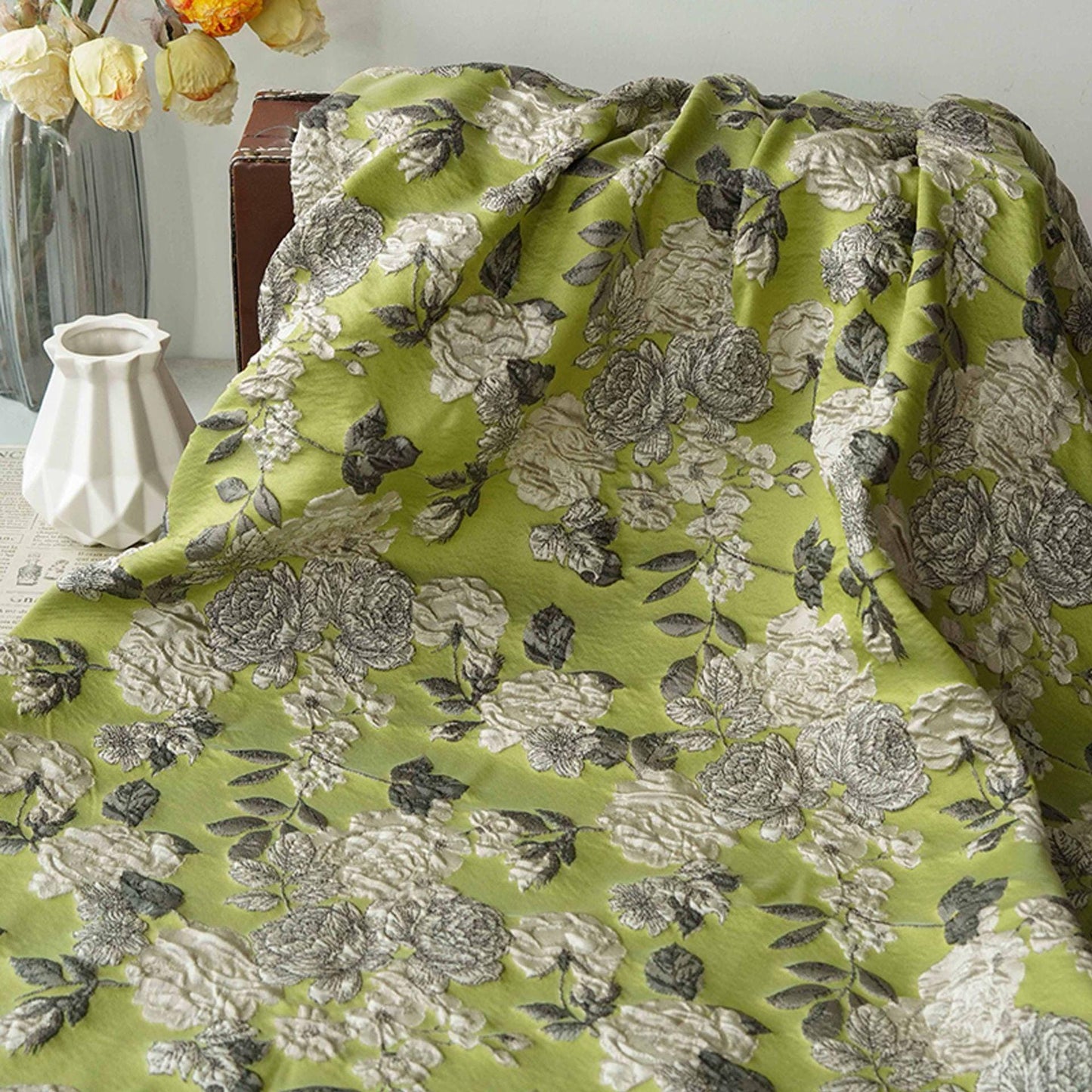 Lime Green & Silver 3D Embossed Floral Yarn-Dyed Fabric, Textured Woven Textile for Dresses, Jackets, Skirts, Bags and Sewing - 55"W