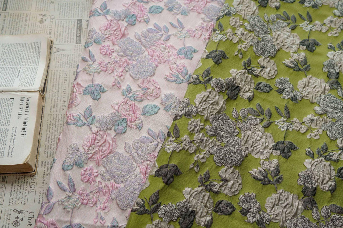 Lime Green & Silver 3D Embossed Floral Yarn-Dyed Fabric, Textured Woven Textile for Dresses, Jackets, Skirts, Bags and Sewing - 55"W