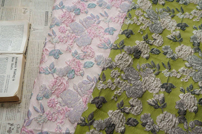 Lime Green & Silver 3D Embossed Floral Yarn-Dyed Fabric, Textured Woven Textile for Dresses, Jackets, Skirts, Bags and Sewing - 55"W