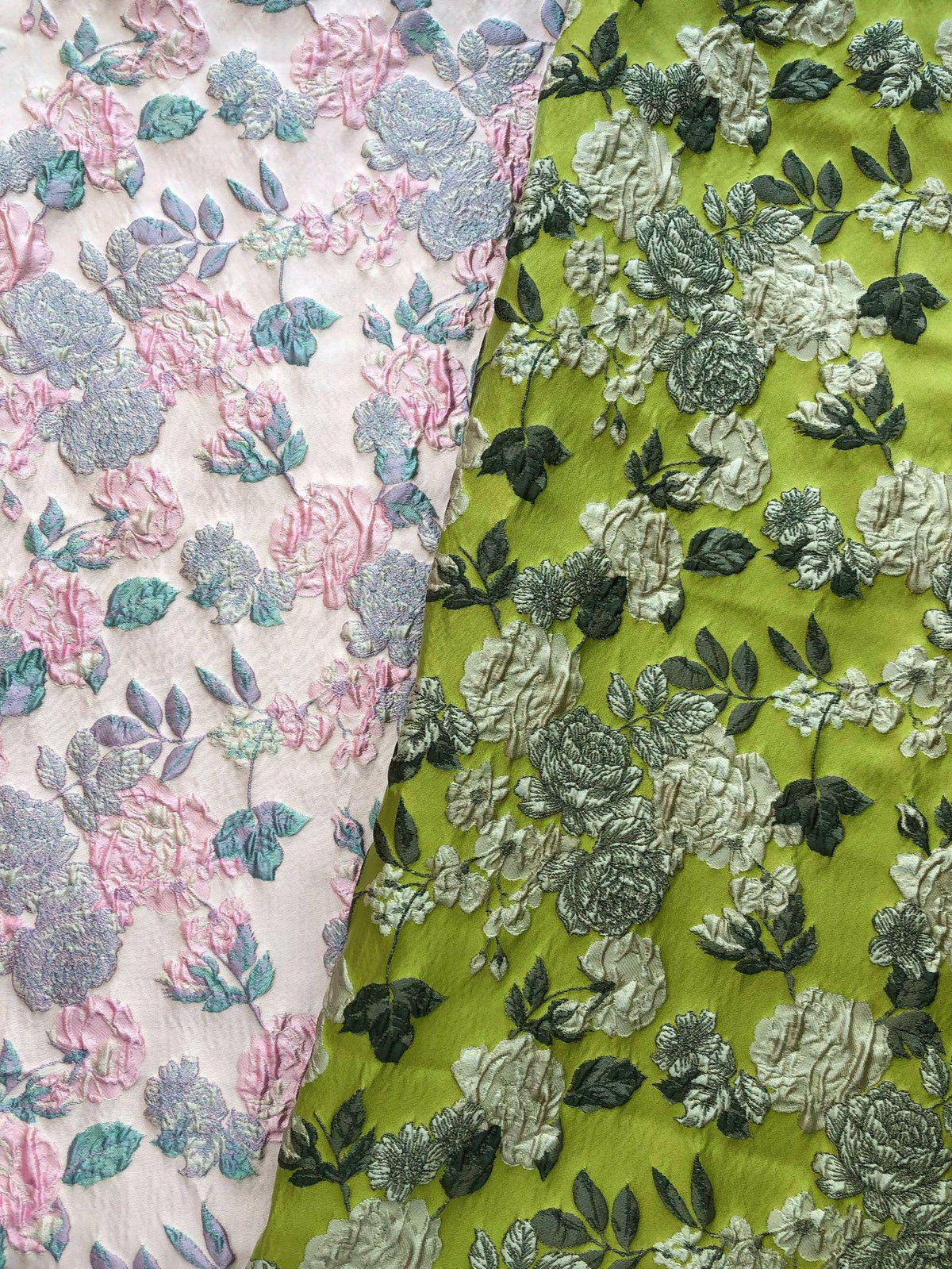 Lime Green & Silver 3D Embossed Floral Yarn-Dyed Fabric, Textured Woven Textile for Dresses, Jackets, Skirts, Bags and Sewing - 55"W
