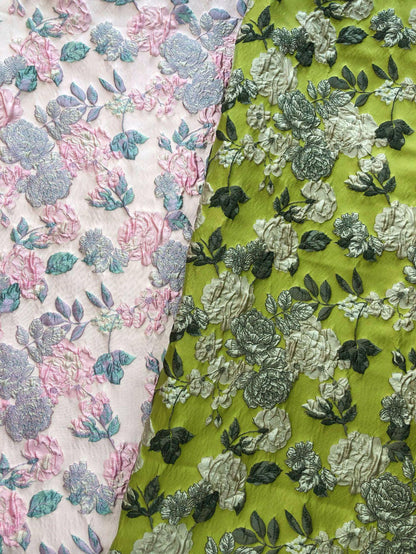 Lime Green & Silver 3D Embossed Floral Yarn-Dyed Fabric, Textured Woven Textile for Dresses, Jackets, Skirts, Bags and Sewing - 55"W