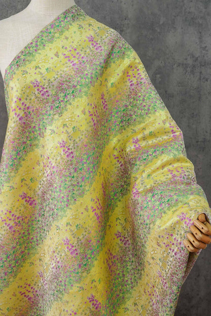 Pastel Blue Pink Floral Gold Thread Jacquard Fabric, Painterly Botanical Woven Textile for Dresses, Bags, Decor and Sewing - 59"W
