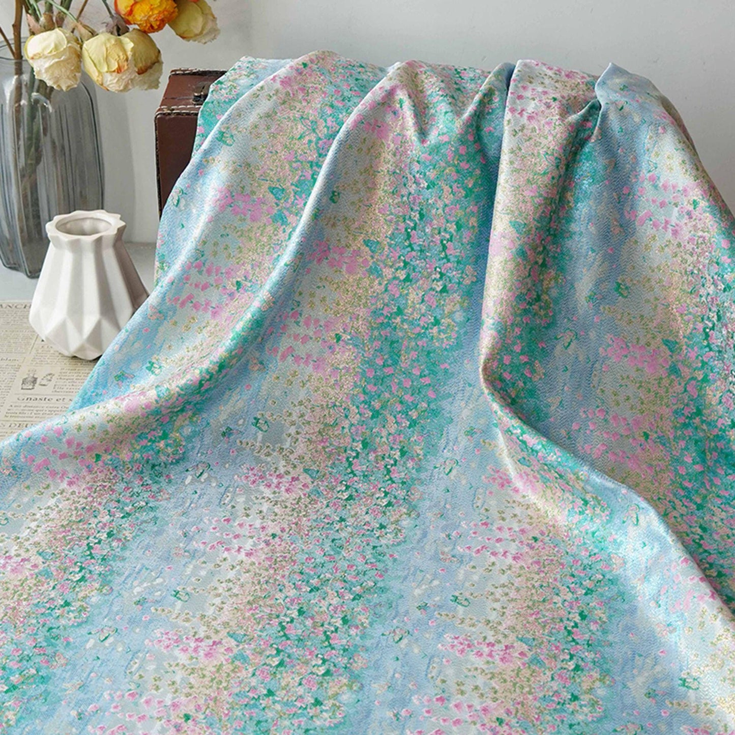 Pastel Blue Pink Floral Gold Thread Jacquard Fabric, Painterly Botanical Woven Textile for Dresses, Bags, Decor and Sewing - 59"W