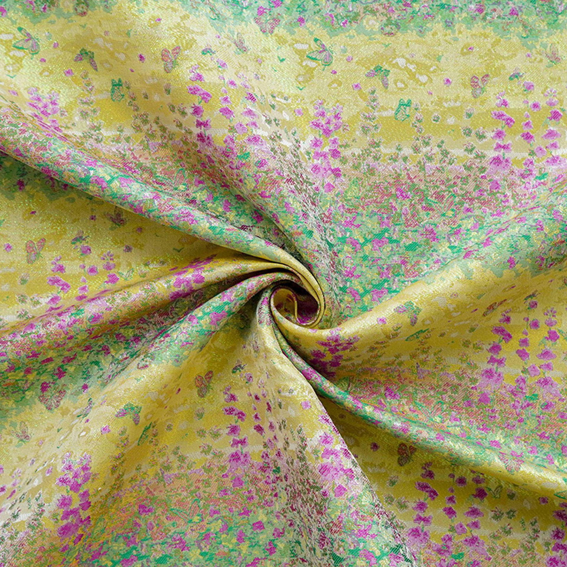 Pastel Blue Pink Floral Gold Thread Jacquard Fabric, Painterly Botanical Woven Textile for Dresses, Bags, Decor and Sewing - 59"W