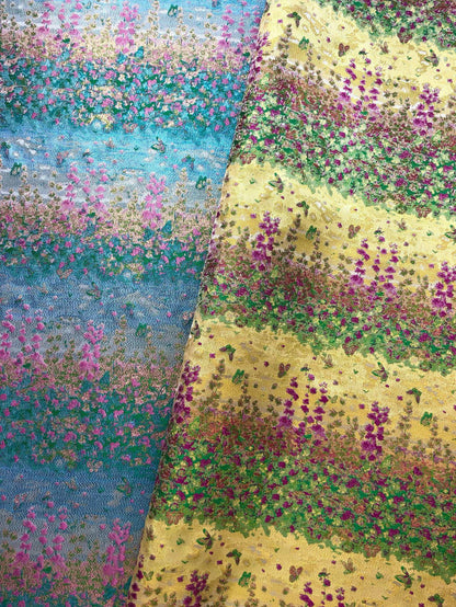 Pastel Blue Pink Floral Gold Thread Jacquard Fabric, Painterly Botanical Woven Textile for Dresses, Bags, Decor and Sewing - 59"W