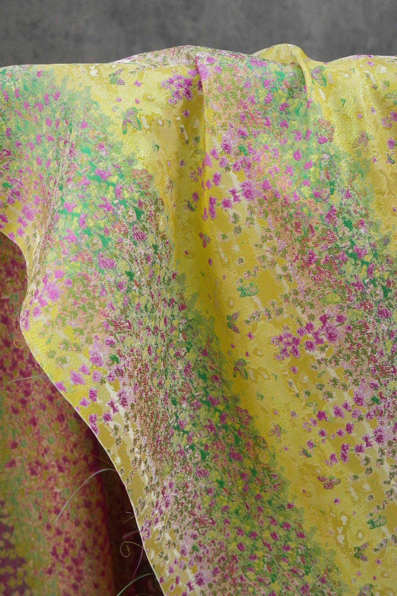 Pastel Blue Pink Floral Gold Thread Jacquard Fabric, Painterly Botanical Woven Textile for Dresses, Bags, Decor and Sewing - 59"W