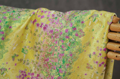 Pastel Blue Pink Floral Gold Thread Jacquard Fabric, Painterly Botanical Woven Textile for Dresses, Bags, Decor and Sewing - 59"W
