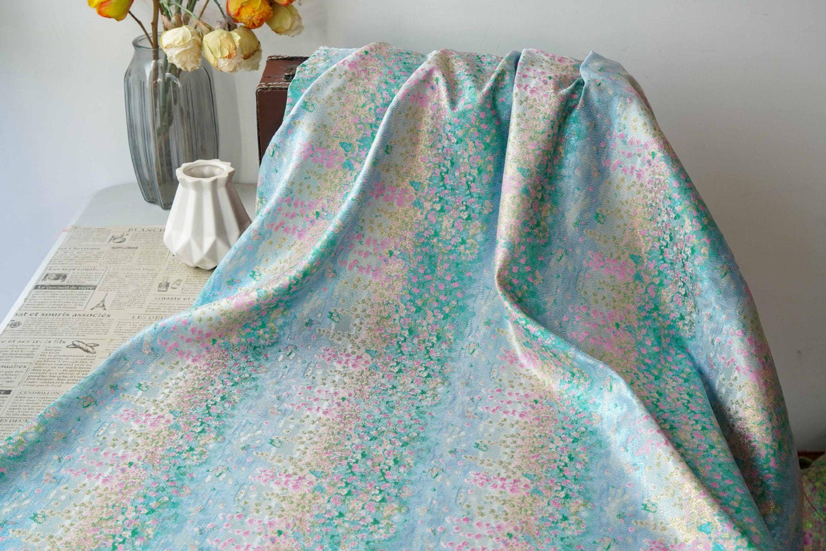 Pastel Blue Pink Floral Gold Thread Jacquard Fabric, Painterly Botanical Woven Textile for Dresses, Bags, Decor and Sewing - 59"W