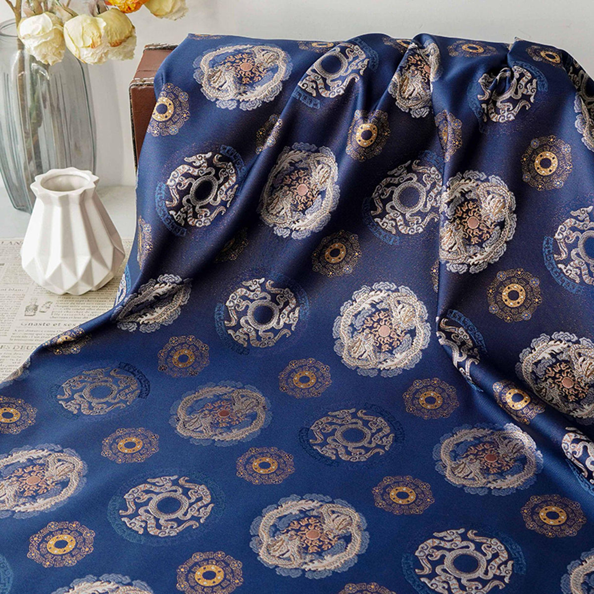 Navy Dragon Medallion Song Brocade Fabric, Yarn-Dyed Jacquard Textile for Qipao, Jackets, Bags, Home Decor and Sewing, 59"Wide