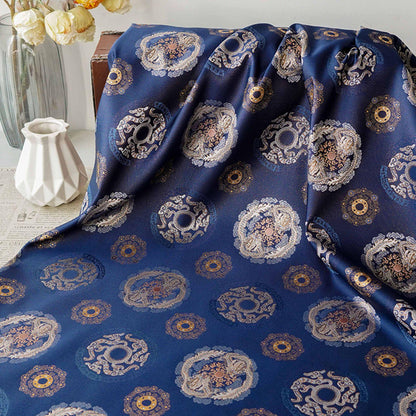 Navy Dragon Medallion Song Brocade Fabric, Yarn-Dyed Jacquard Textile for Qipao, Jackets, Bags, Home Decor and Sewing, 59"Wide