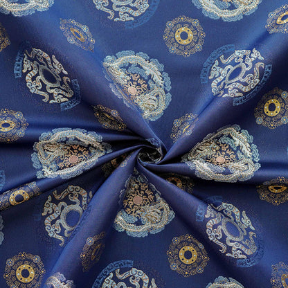 Navy Dragon Medallion Song Brocade Fabric, Yarn-Dyed Jacquard Textile for Qipao, Jackets, Bags, Home Decor and Sewing, 59"Wide