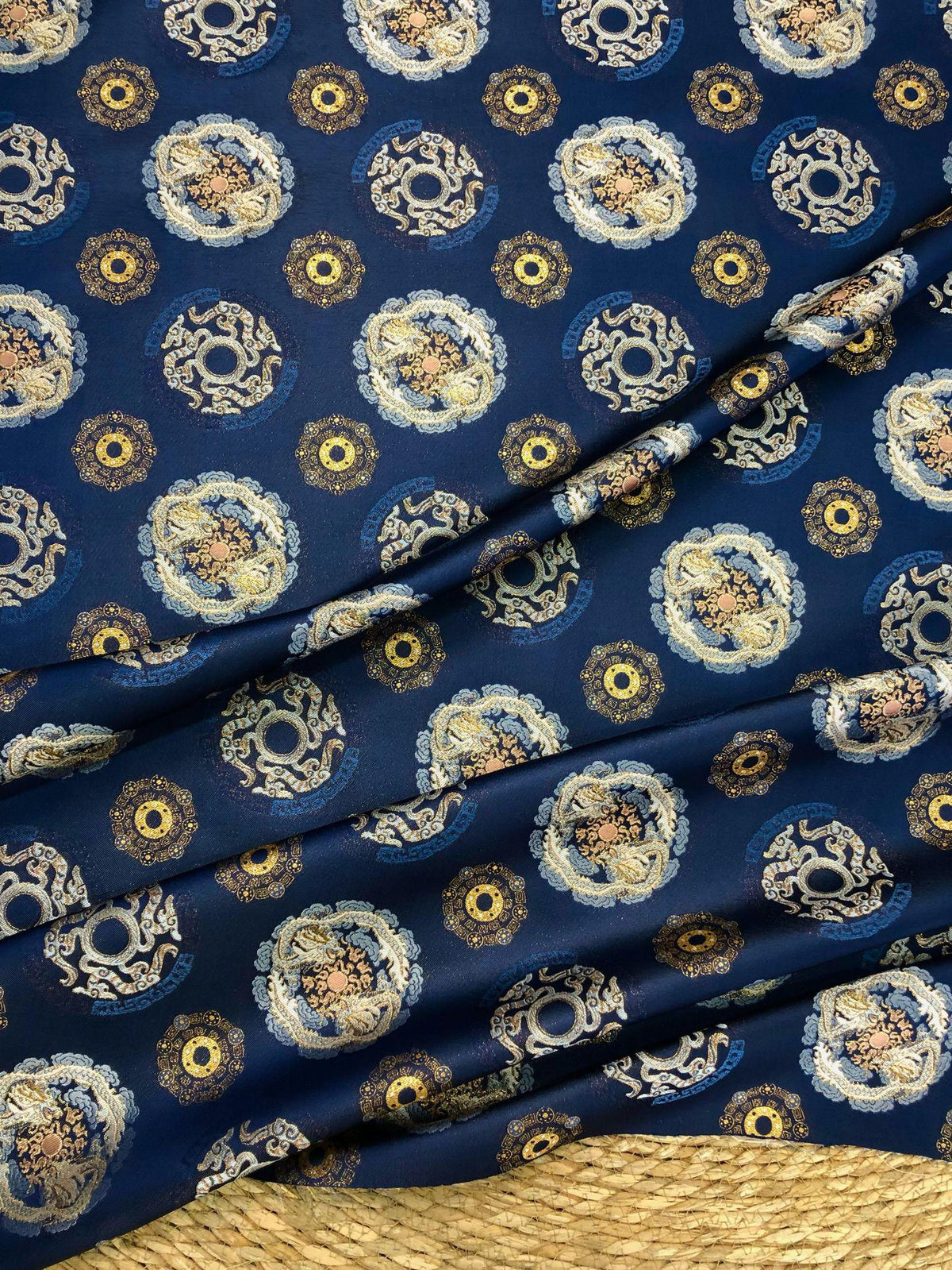 Navy Dragon Medallion Song Brocade Fabric, Yarn-Dyed Jacquard Textile for Qipao, Jackets, Bags, Home Decor and Sewing, 59"Wide