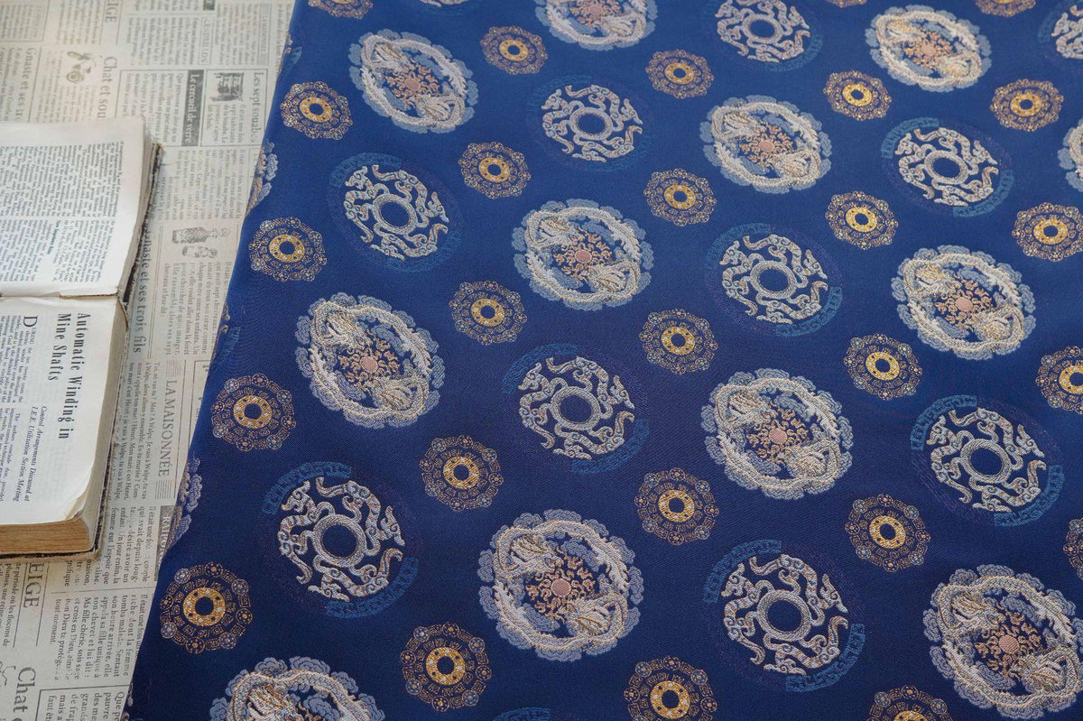 Navy Dragon Medallion Song Brocade Fabric, Yarn-Dyed Jacquard Textile for Qipao, Jackets, Bags, Home Decor and Sewing, 59"Wide