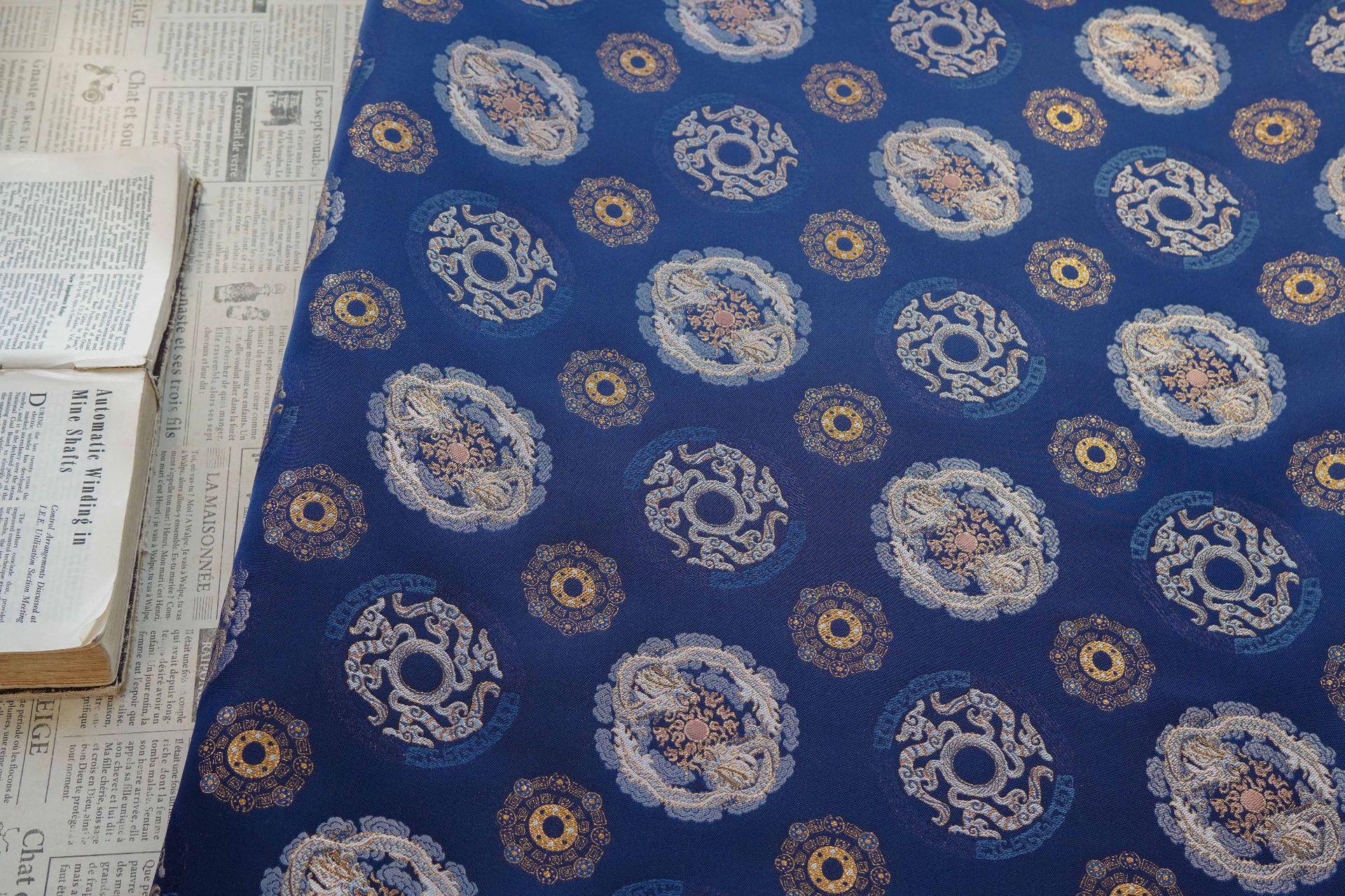 Navy Dragon Medallion Song Brocade Fabric, Yarn-Dyed Jacquard Textile for Qipao, Jackets, Bags, Home Decor and Sewing, 59"Wide