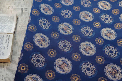 Navy Dragon Medallion Song Brocade Fabric, Yarn-Dyed Jacquard Textile for Qipao, Jackets, Bags, Home Decor and Sewing, 59"Wide