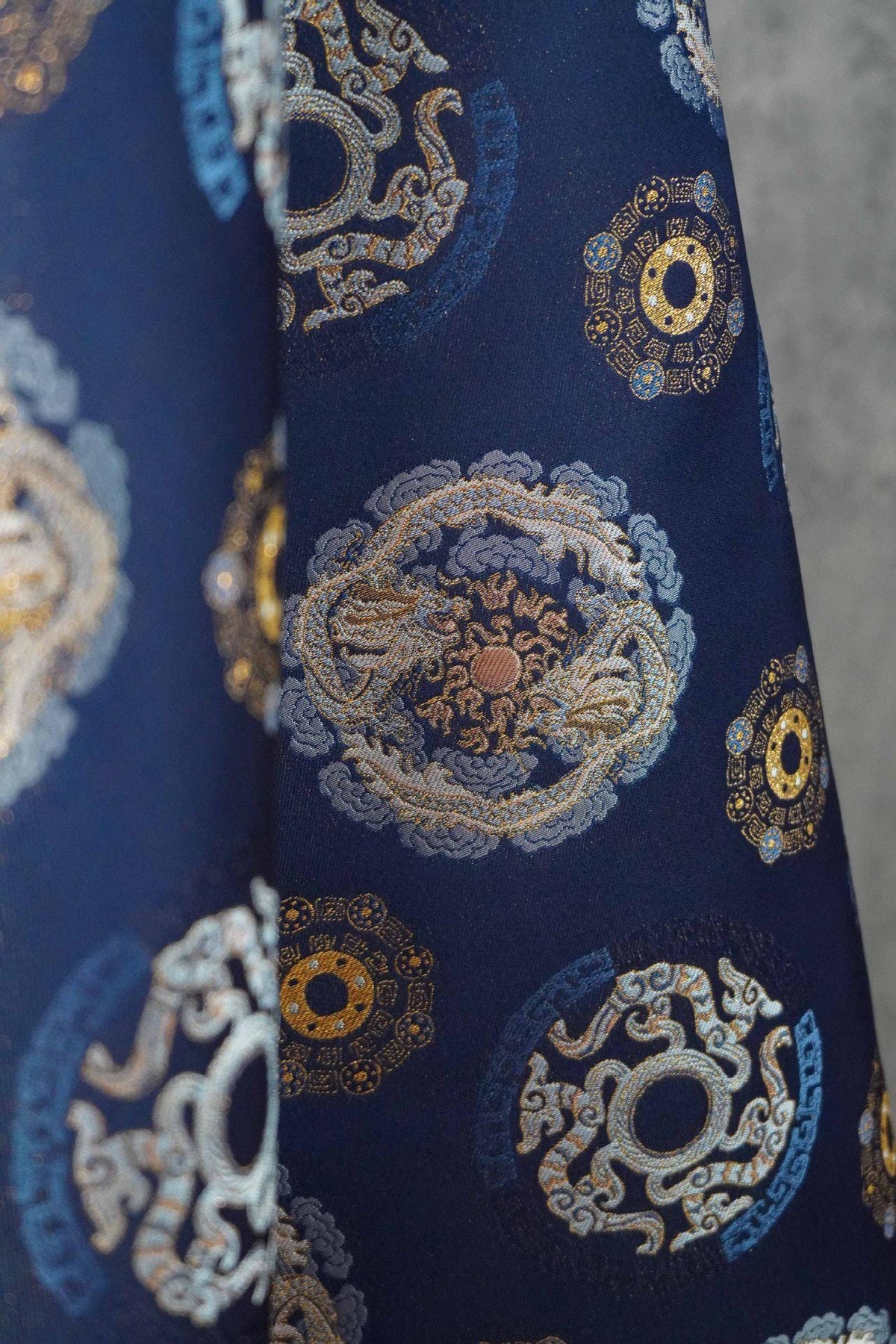 Navy Dragon Medallion Song Brocade Fabric, Yarn-Dyed Jacquard Textile for Qipao, Jackets, Bags, Home Decor and Sewing, 59"Wide