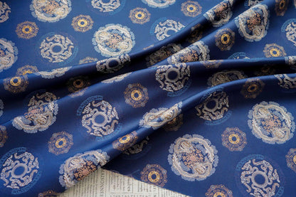 Navy Dragon Medallion Song Brocade Fabric, Yarn-Dyed Jacquard Textile for Qipao, Jackets, Bags, Home Decor and Sewing, 59"Wide