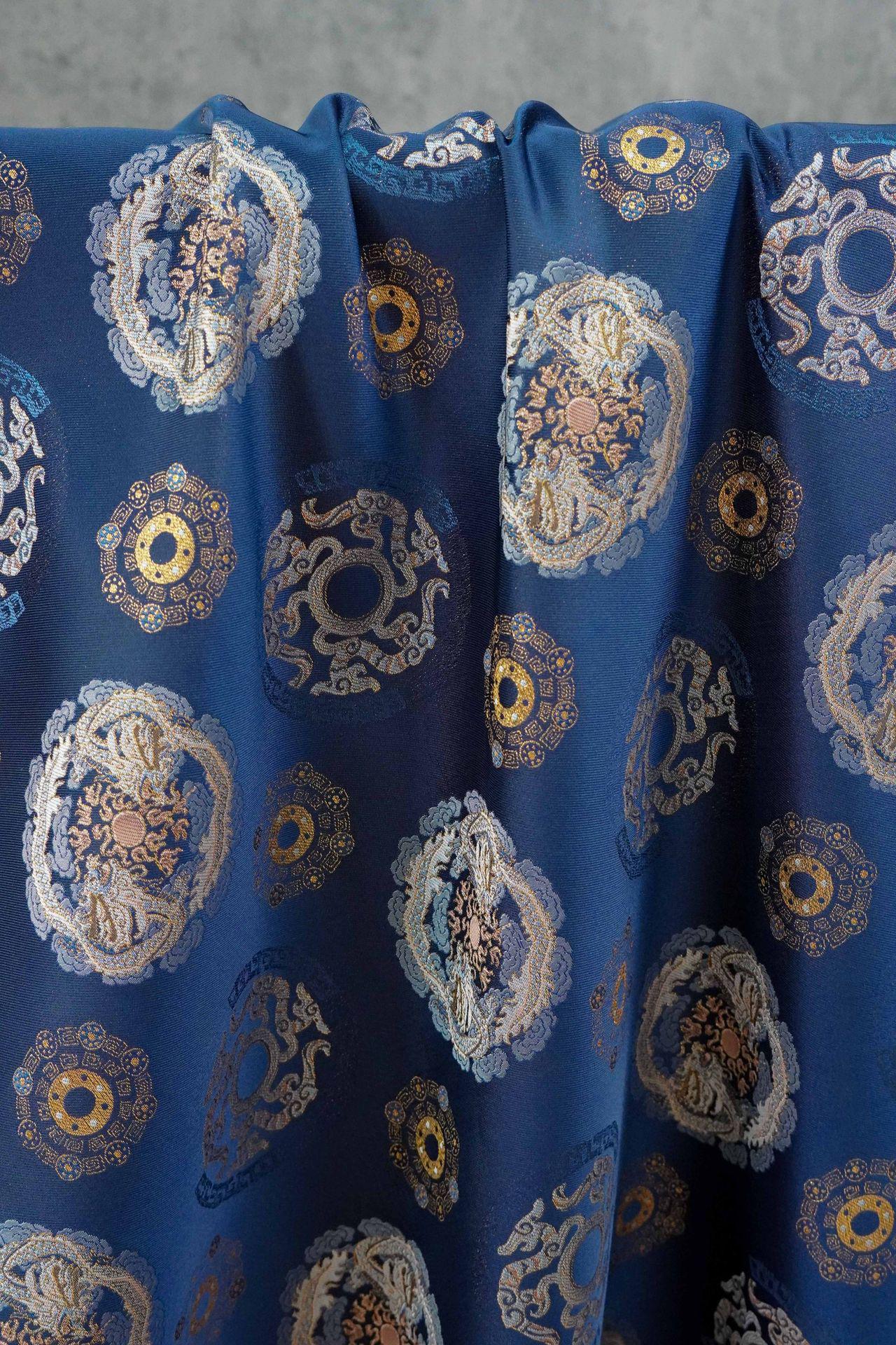 Navy Dragon Medallion Song Brocade Fabric, Yarn-Dyed Jacquard Textile for Qipao, Jackets, Bags, Home Decor and Sewing, 59"Wide