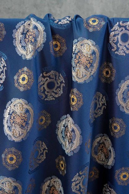 Navy Dragon Medallion Song Brocade Fabric, Yarn-Dyed Jacquard Textile for Qipao, Jackets, Bags, Home Decor and Sewing, 59"Wide