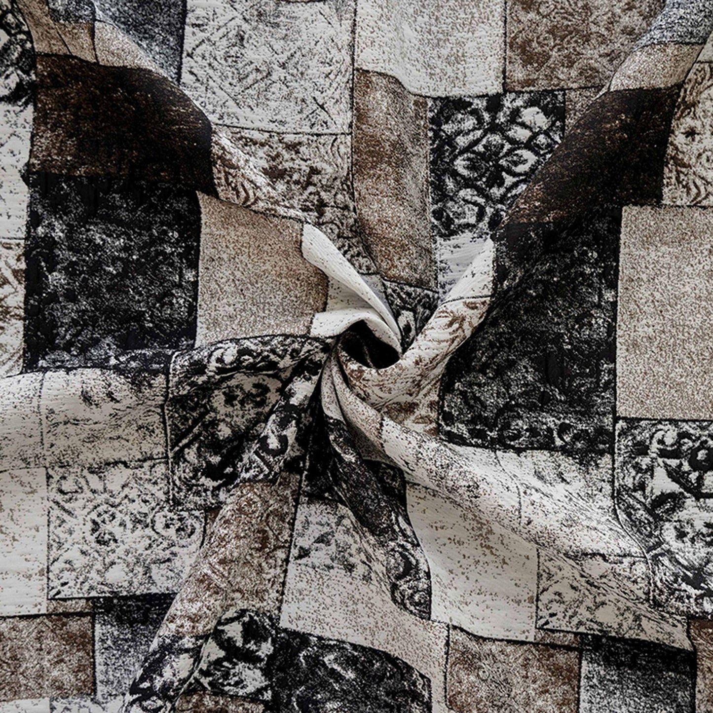 Vintage-Style Black Brown Geometric Jacquard Fabric, 3D Textured Block Pattern Yarn-Dyed Textile for Jackets, Dresses, Bags and Sewing, 53“W