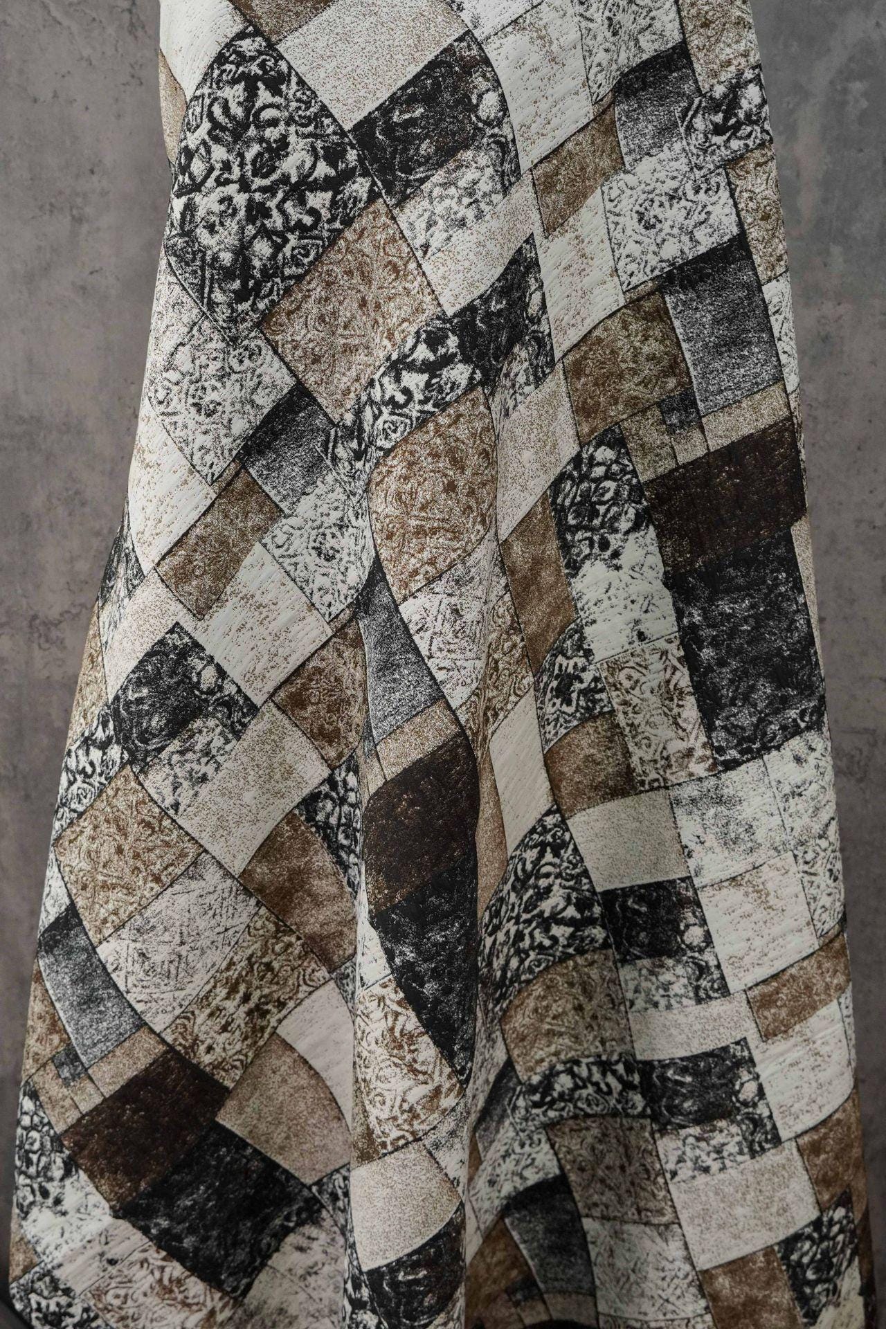 Vintage-Style Black Brown Geometric Jacquard Fabric, 3D Textured Block Pattern Yarn-Dyed Textile for Jackets, Dresses, Bags and Sewing, 53“W