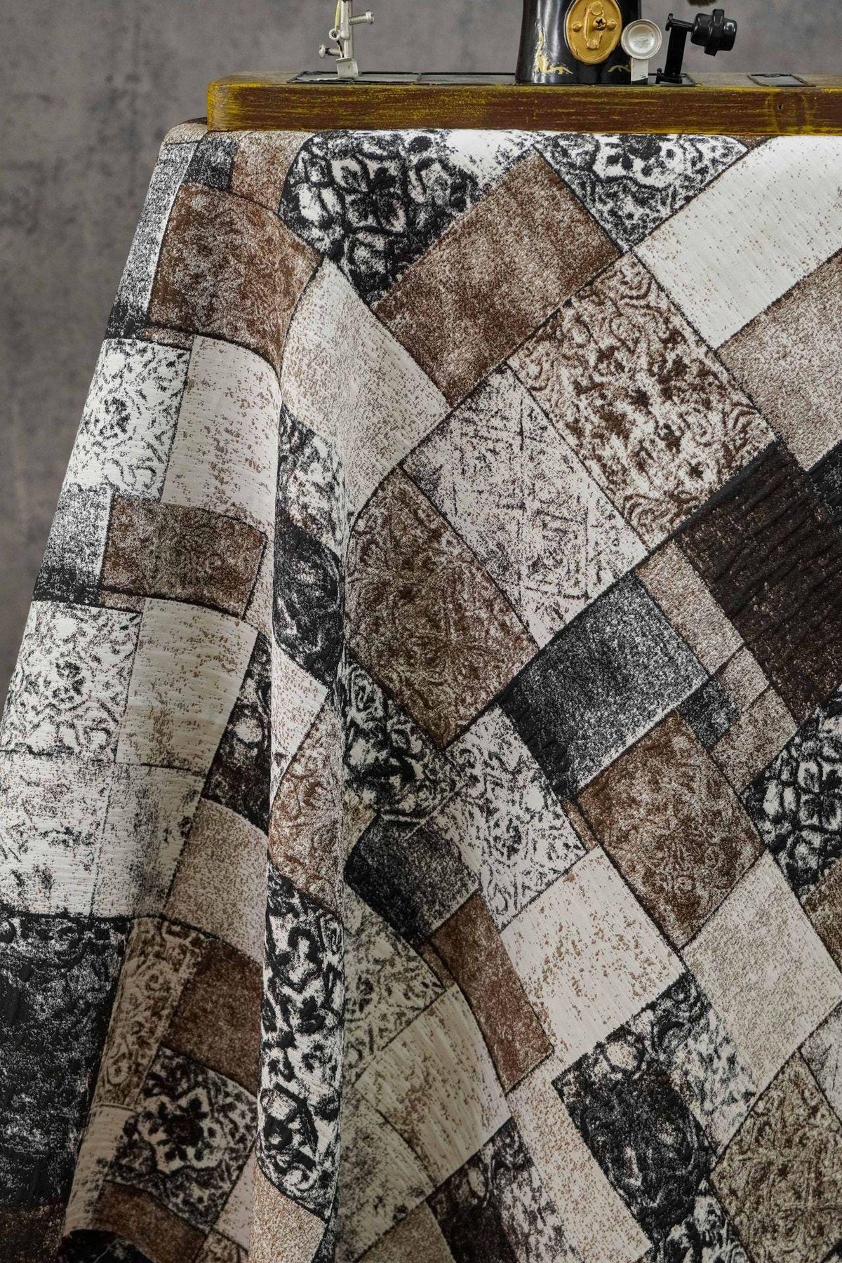 Vintage-Style Black Brown Geometric Jacquard Fabric, 3D Textured Block Pattern Yarn-Dyed Textile for Jackets, Dresses, Bags and Sewing, 53“W