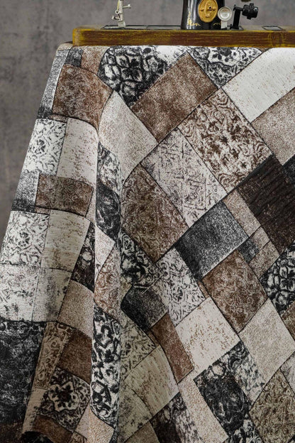 Vintage-Style Black Brown Geometric Jacquard Fabric, 3D Textured Block Pattern Yarn-Dyed Textile for Jackets, Dresses, Bags and Sewing, 53“W