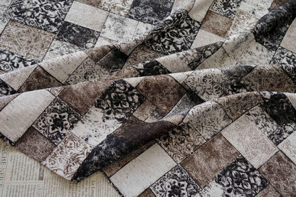 Vintage-Style Black Brown Geometric Jacquard Fabric, 3D Textured Block Pattern Yarn-Dyed Textile for Jackets, Dresses, Bags and Sewing, 53“W