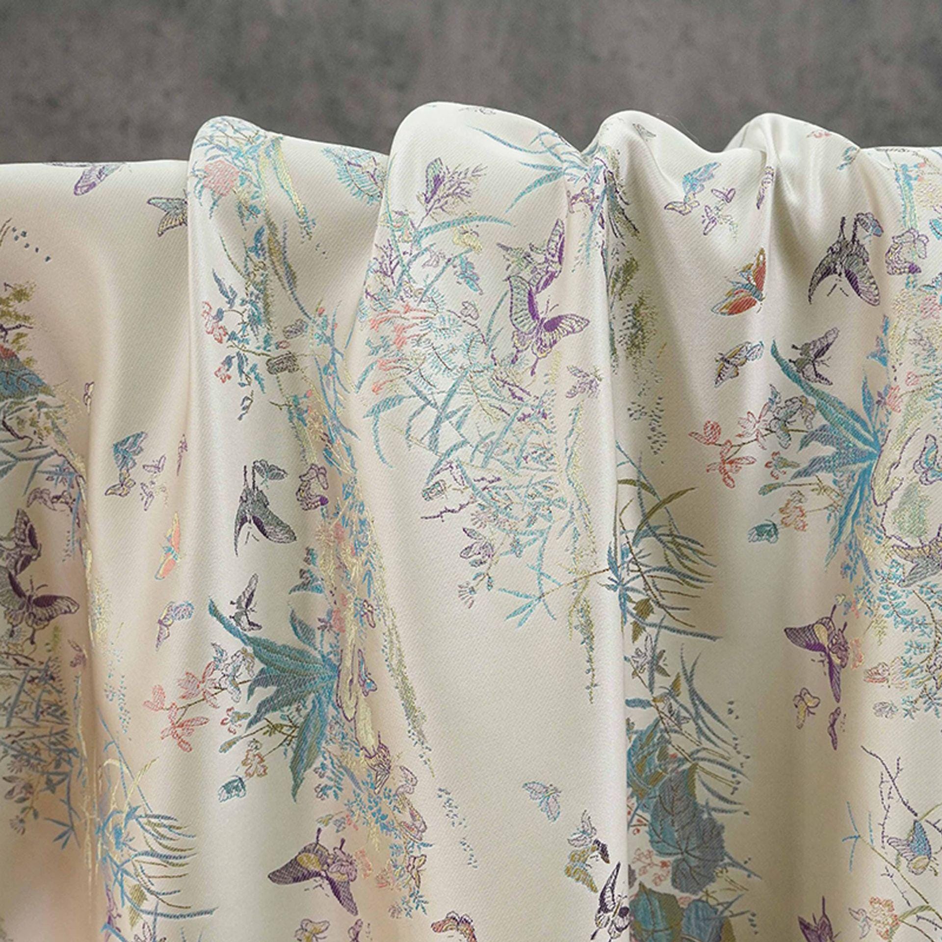 Light Apricot Butterfly Botanical Song Brocade Fabric, Chinese Jacquard Textile for Qipao, Hanfu, Dresses, Bags and Sewing