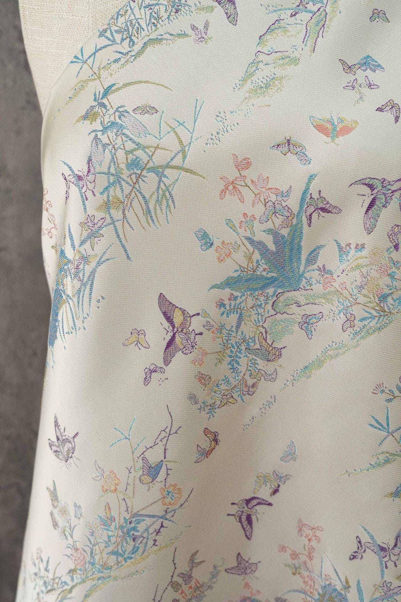 Light Apricot Butterfly Botanical Song Brocade Fabric, Chinese Jacquard Textile for Qipao, Hanfu, Dresses, Bags and Sewing