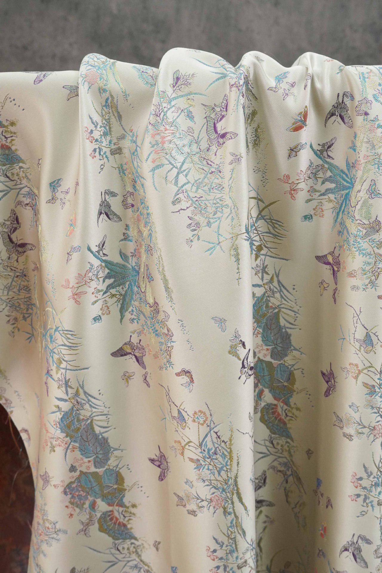 Light Apricot Butterfly Botanical Song Brocade Fabric, Chinese Jacquard Textile for Qipao, Hanfu, Dresses, Bags and Sewing